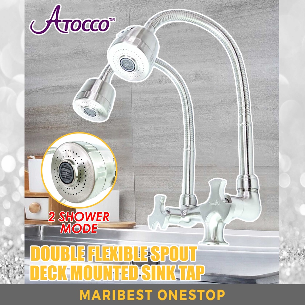 AT-9922SS Kitchen Sink Faucet Double Tap Stainless Steel 360 Rotating Hose Flexible Shower Deck Mounted Water Tap 双弹性龙头