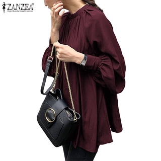 Image of ZANZEA Women Vintage Solid Color Collared Puff Sleeve Blouse