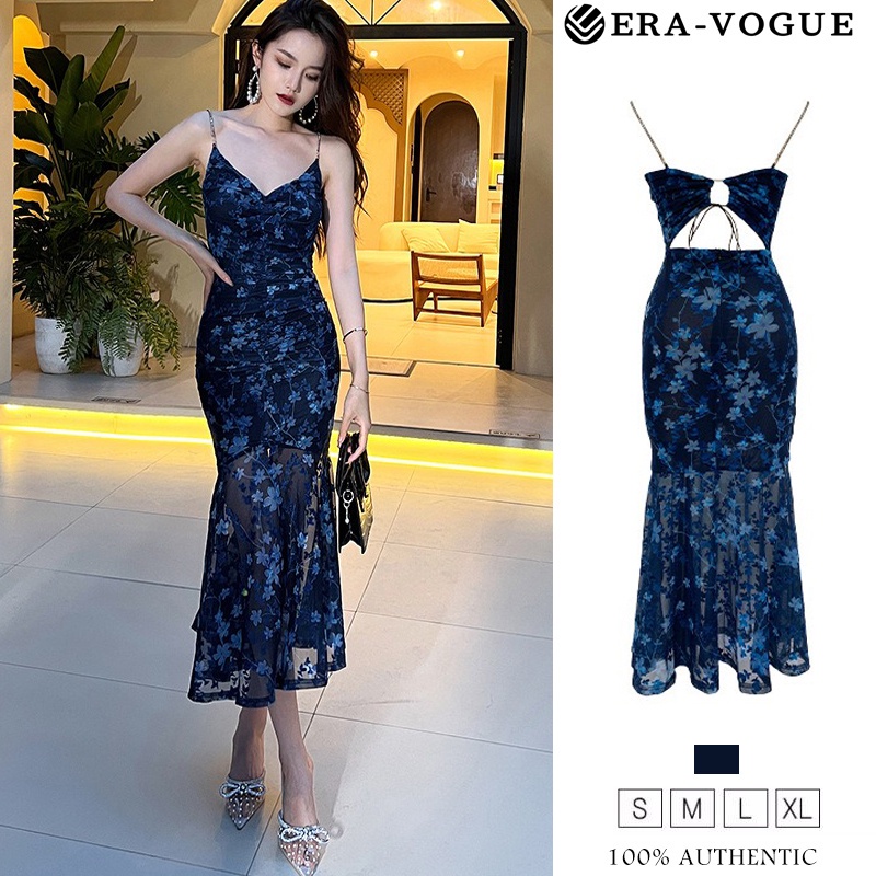 Eravogue 2023 Summer Women Dinner Dress Blue Floral Mesh Elegant Female