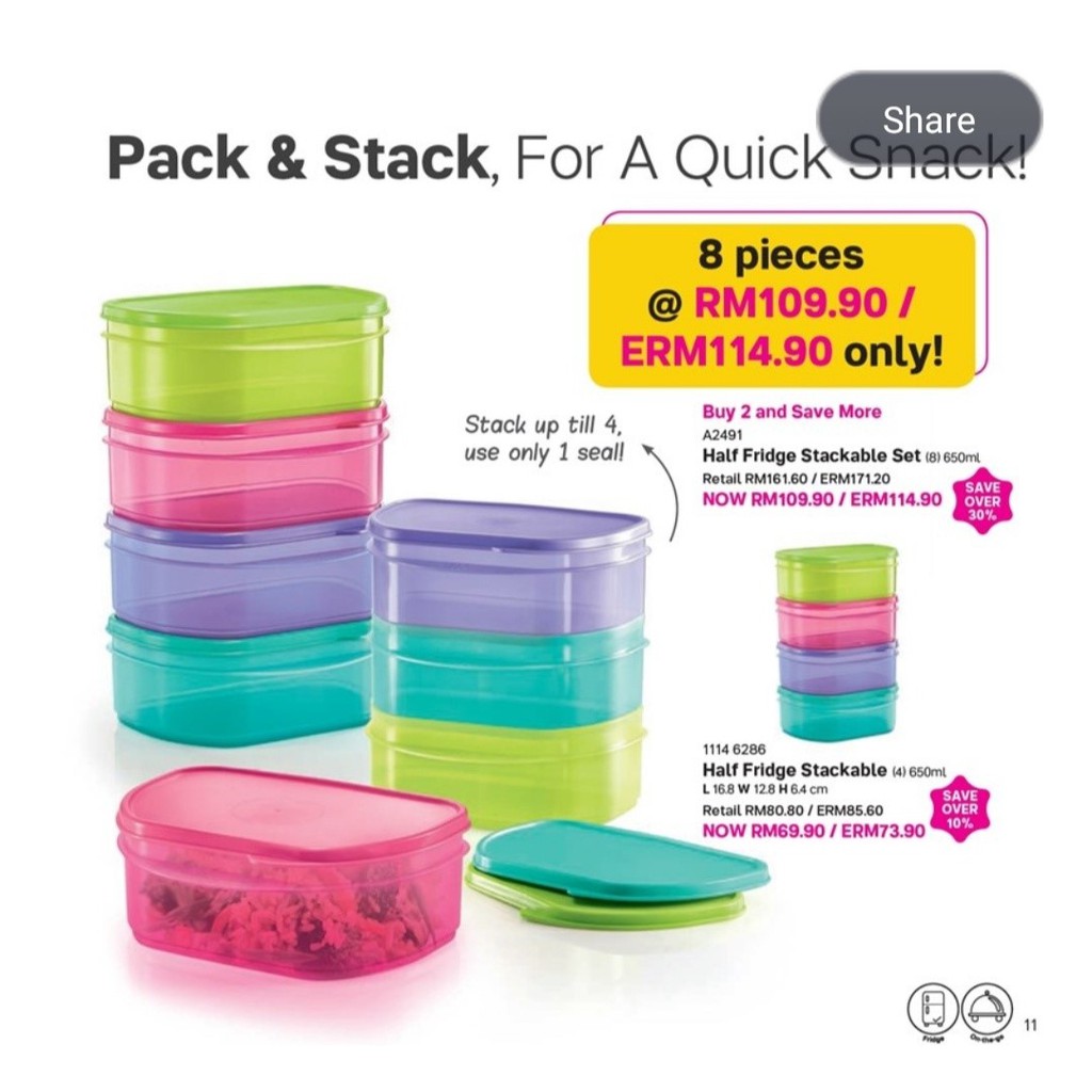 TUPPERWARE Half Fridge Stackable 650ML(1pcs or 4pcs)