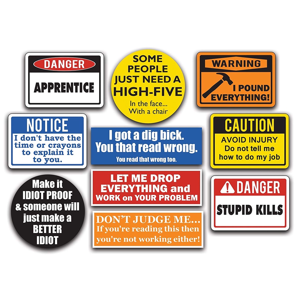 10-Pack of Funny Hard Hat Stickers. These Vinyl Decals are Awesome