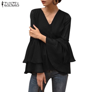 Image of ZANZEA Women's Fashion Solid Color Flared Sleeve V Neck Elegant Blouse