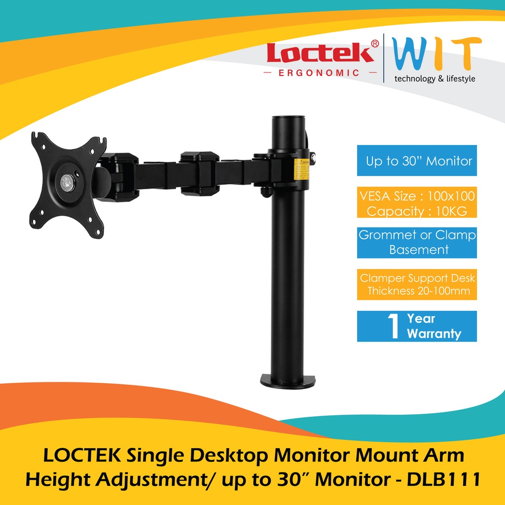 LOCTEK Single Desktop Monitor Mount Arm Height Adjustment/ up to 30” Monitor - DLB111