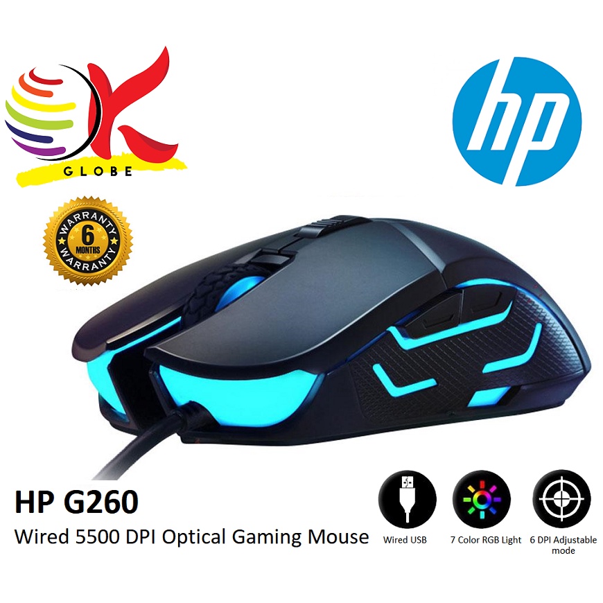 HP G260 USB WIRED OPTICAL SENSOR RGB MOUSE GAMING MOUSE 6 BUTTONS