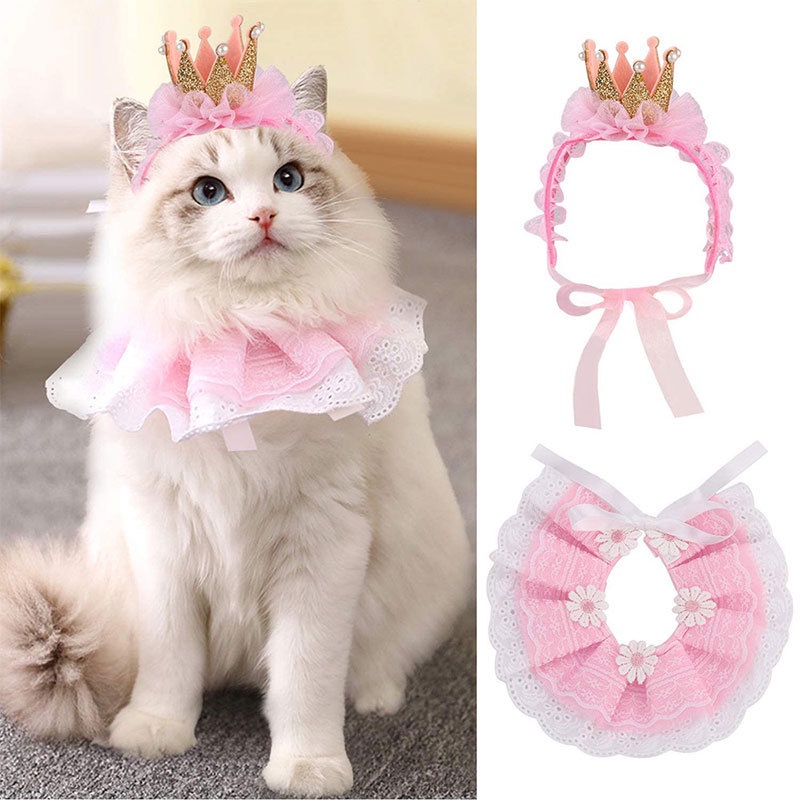 Pet Clothing Neck Accessories Pet Birthday Costume Cat Tiara Crown Lace Birthday Pet Scarf