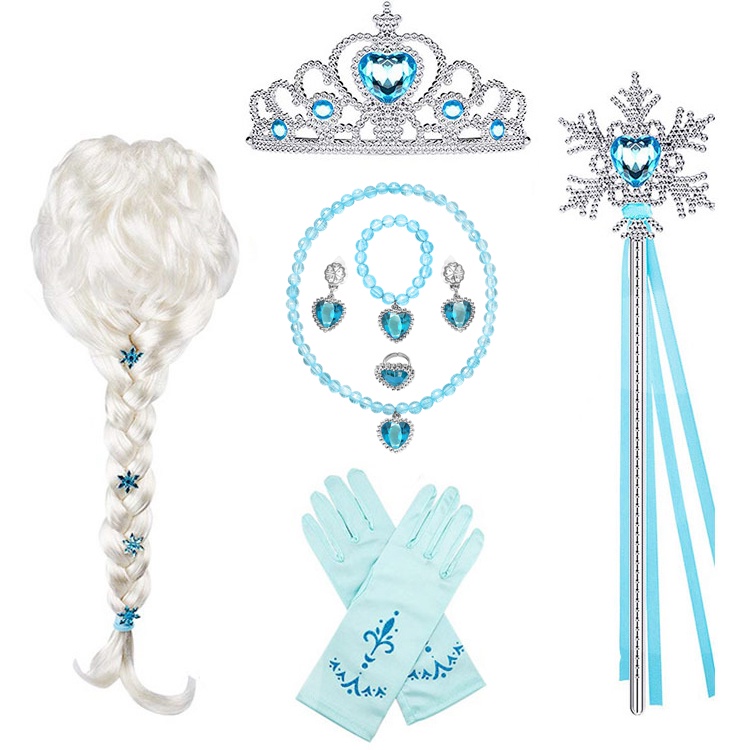 Girls Frozen Princess Accessories Gloves Wand Crown Set Elsa Wig Cosplay Party Dress UP