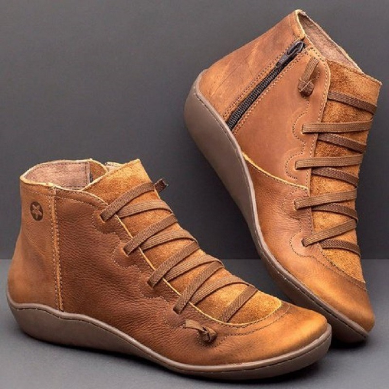 Women PU Leather Ankle Boots Cross Strappy Vintage Women Punk Boots Flat Ladies Shoes