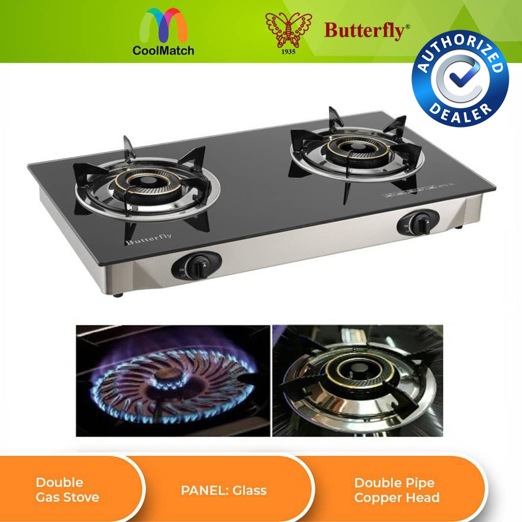 BUTTERFLY DOUBLE TABLE GLASS GAS COOKER -BTG-2L | Shopee Malaysia