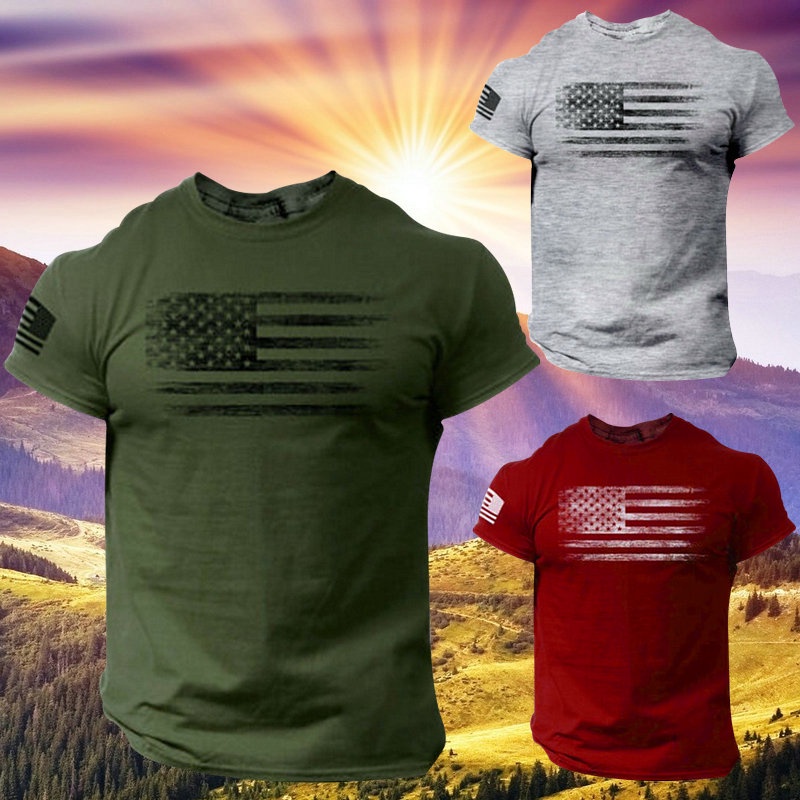 READY STOCK High Quality T Shirt Summer Fashion Mens USA Distressed Flag Men T Shirt Patriotic American Tee Military Uniform Round Neck