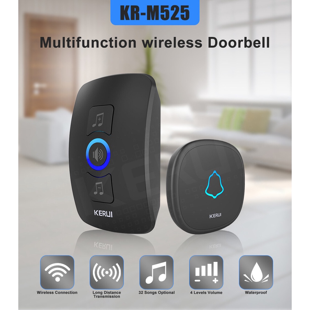 KERUI M525 Wireless Doorbell Waterproof Wireless Door Bell Chime Kit 150m Operating Range With 32 Chimes 4 Volume Levels 2 110 240v Receivers 1 Transmitter Button Kit Black Color I.608909434