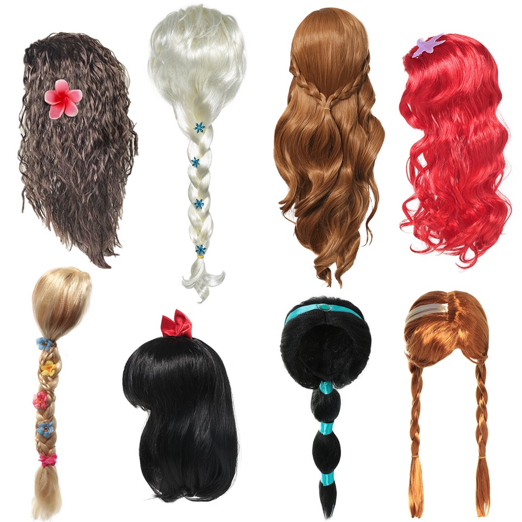 Girls Disney Princess Wig Frozen Elsa Anna Snow White Rapunzel Mermaid Hair Braid Dress Up For Cosplay Birthday Party