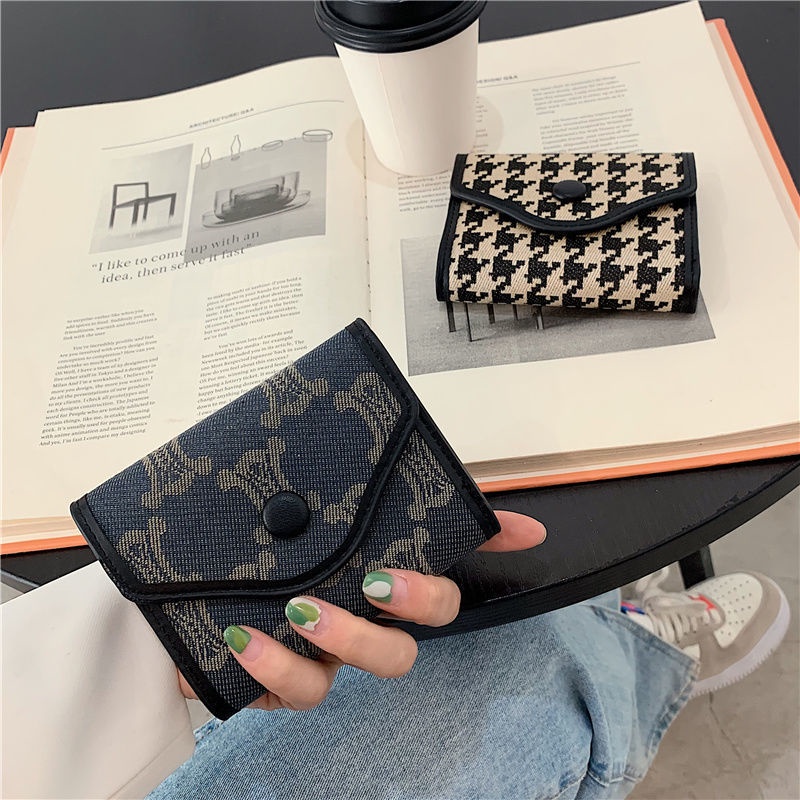 Wallet Female Niche Design Korean Version Retro Checked Coin Purse Mini Canvas Short Style Unique Buckle