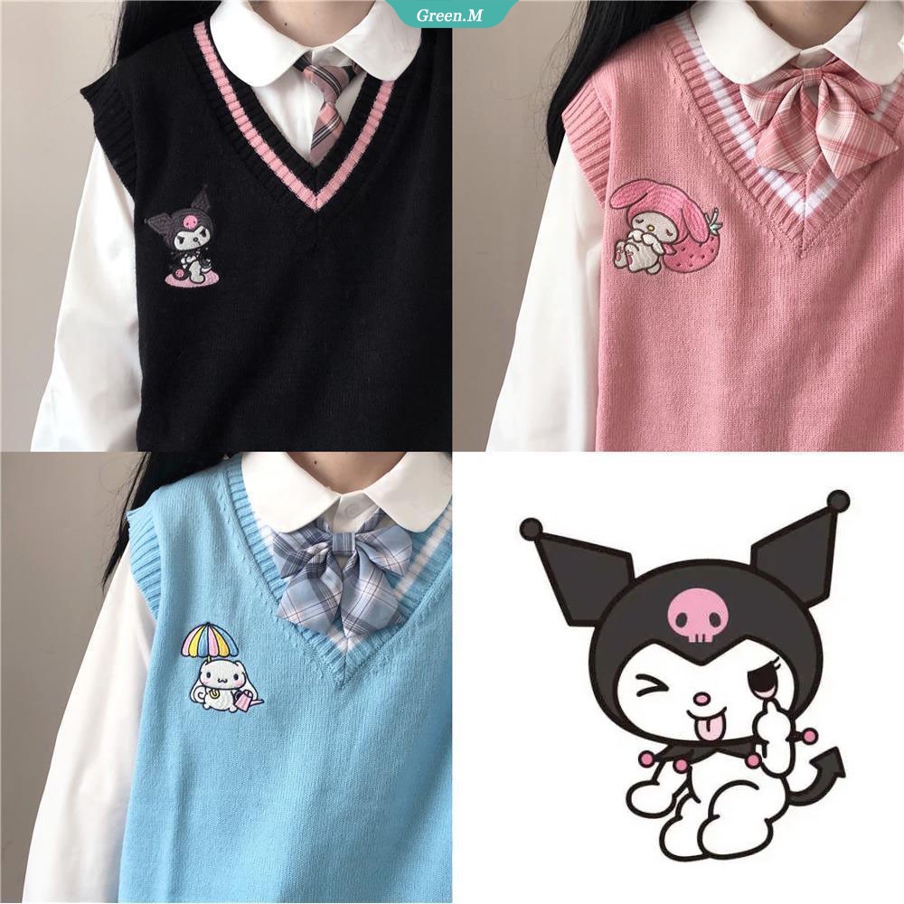 Kawaii Kuromi Cinnamoroll My Melody Sanrioes Wool Sweater V-Neck Waistcoat Vest Cute Women's Clothing New [GM]