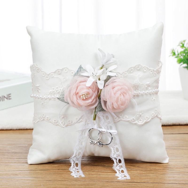 EPAY Wedding Ring Pillow Bearer Cushions Support Pad Romantic Outside Satin Filled Pp Cotton Flowers 20*20cm Pallet