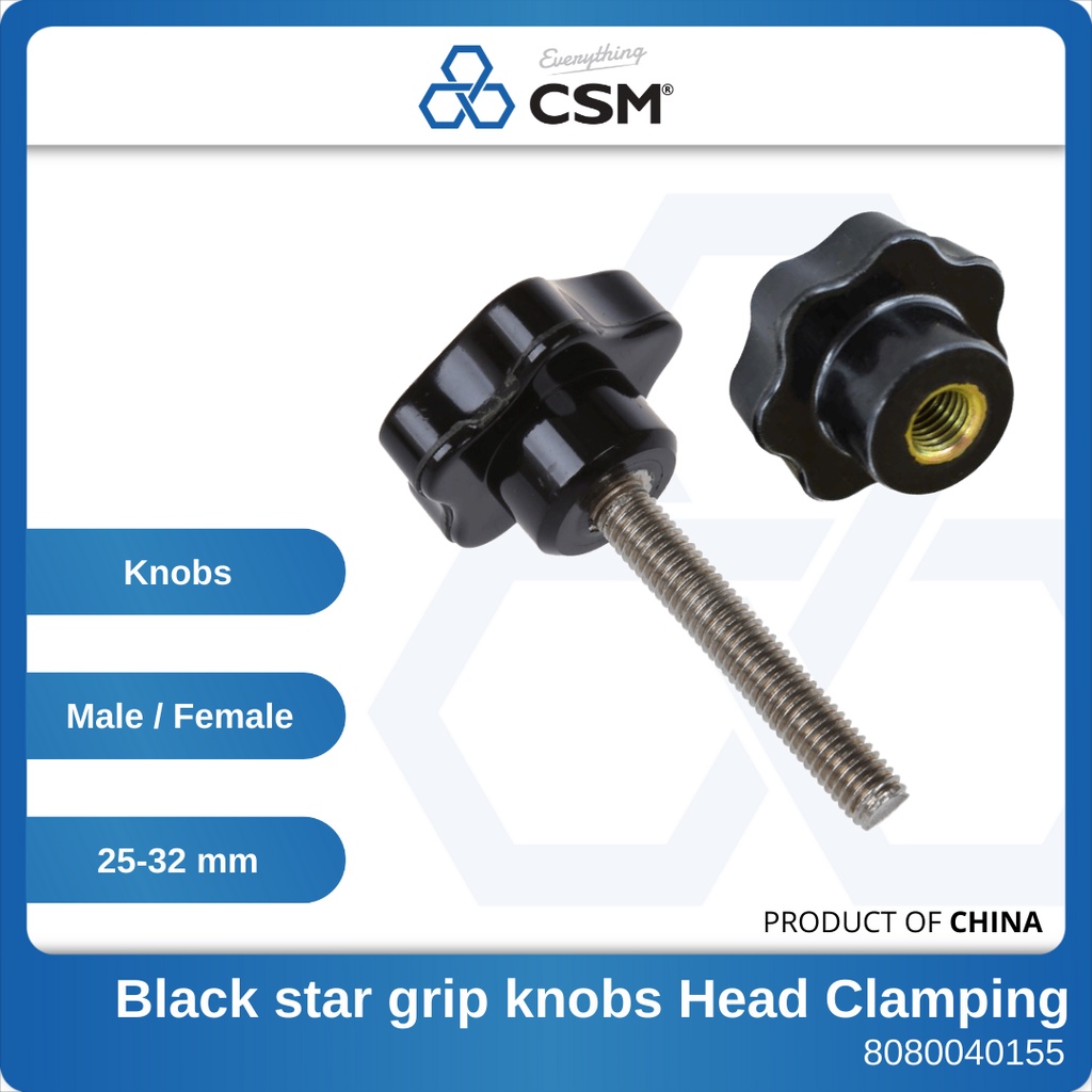 32mm x 6mm Male Thread Black Star Head Clamping Handle Knob 