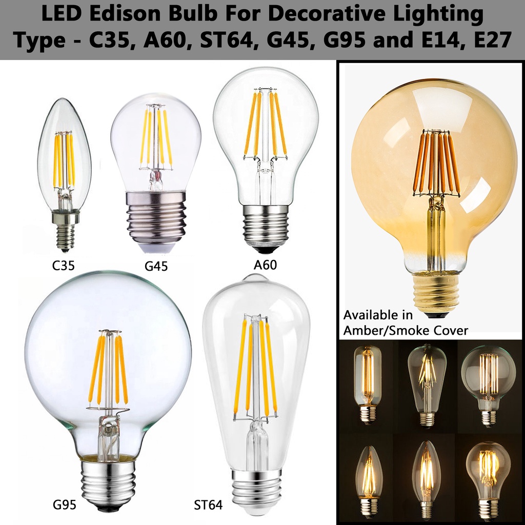 3H E14/E27 4W/6W [S14/C35/A60/G45/G95/ST64] Clear Amber Smoke Glass Cover Decoration LED Edison Vintage Lamp Bulb