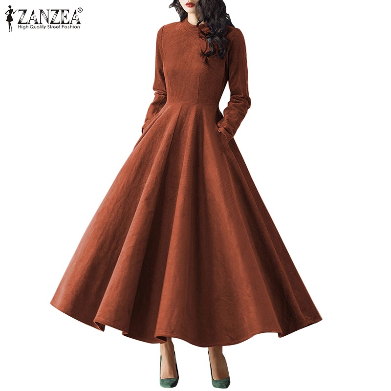 ZANZEA Women Fashion Long Sleeve Round Neck High Waist Slim Corduroy Maxi Dress