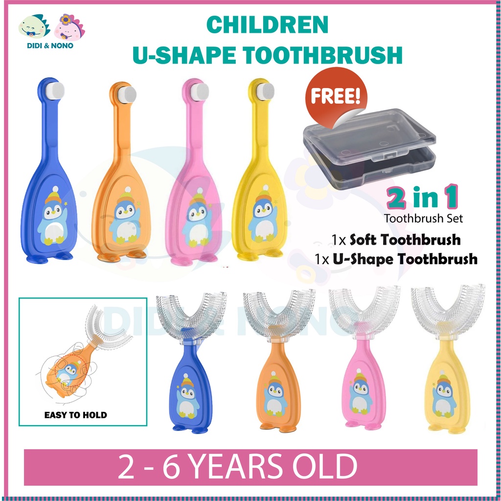 2 in1 Baby Kids U-shaped Soft Silicone and ultra soft Toothbrush Penguin with Box Berus Gigi Budak Kanak 2 to 6years