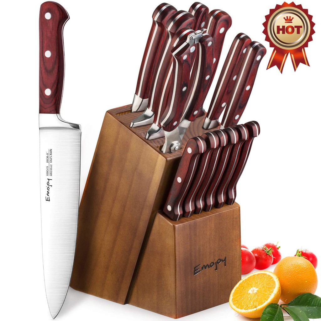 Emojoy Knife Set, 15Piece Kitchen Knife Set with Block Wooden, Manual