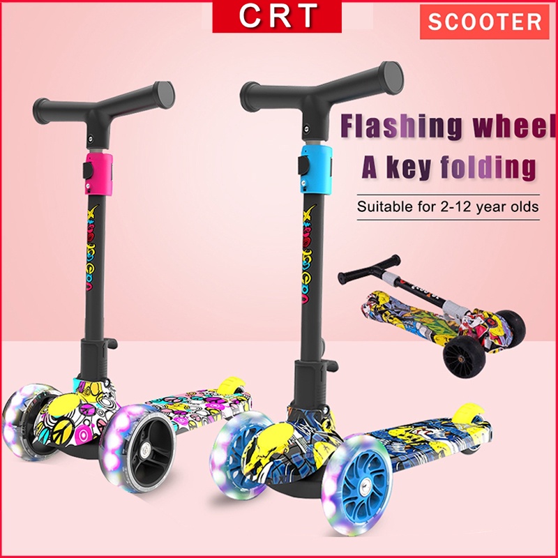 Crt Kids Scooter toys Foldable and Adjustable Four Wheels Kick Scooter Skuter Kids Skuter mainan