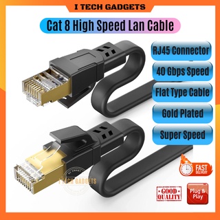 ITECHGADGETS Lan Cable High Speed Cat8 Ethernet Cable Patch Cord Gold Plated RJ45 Connector 30AWG 2000Mhz Flat Type