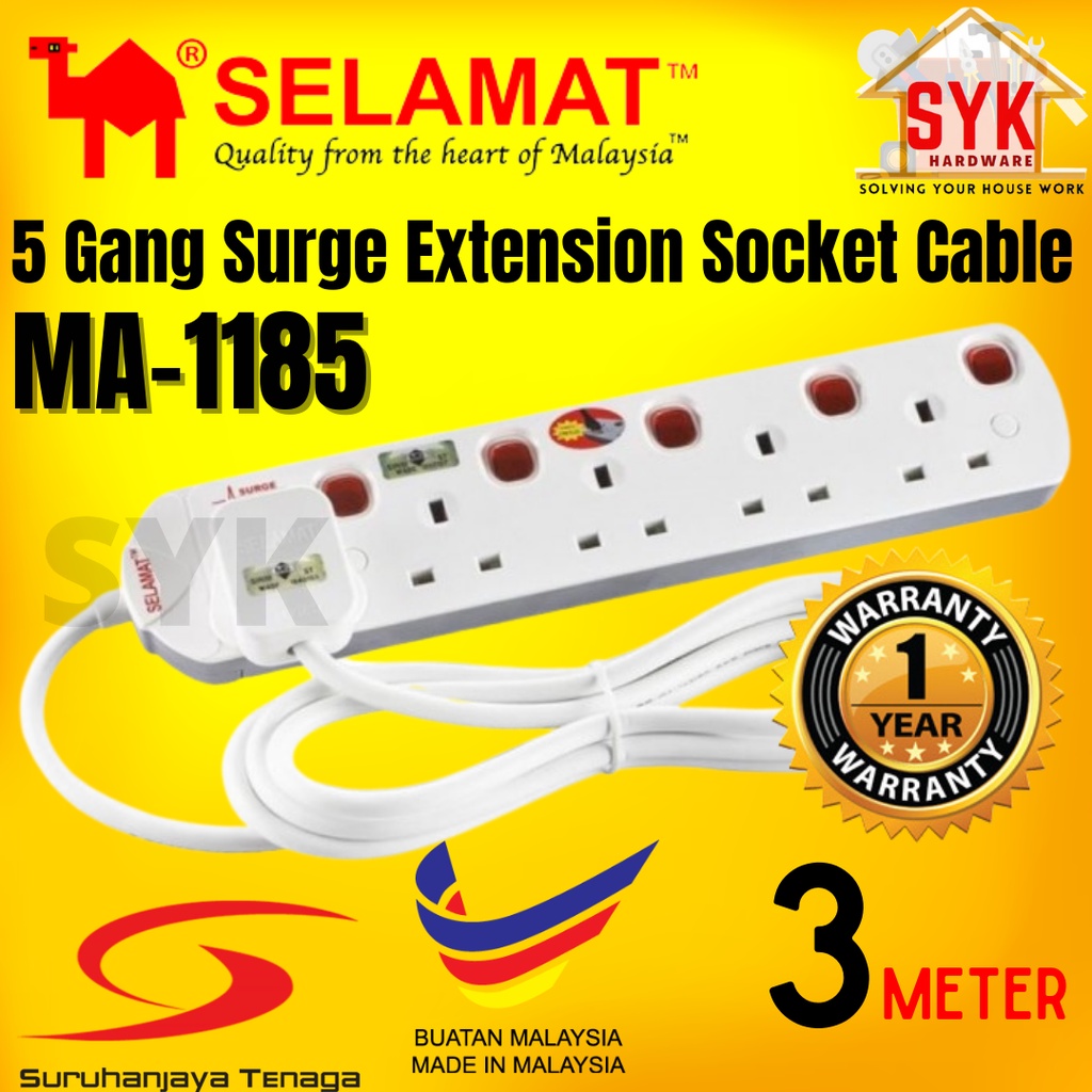 SYK SELAMAT MA1185(Neon) 3 Meter 5 Gang Surge Protector Extension Plug