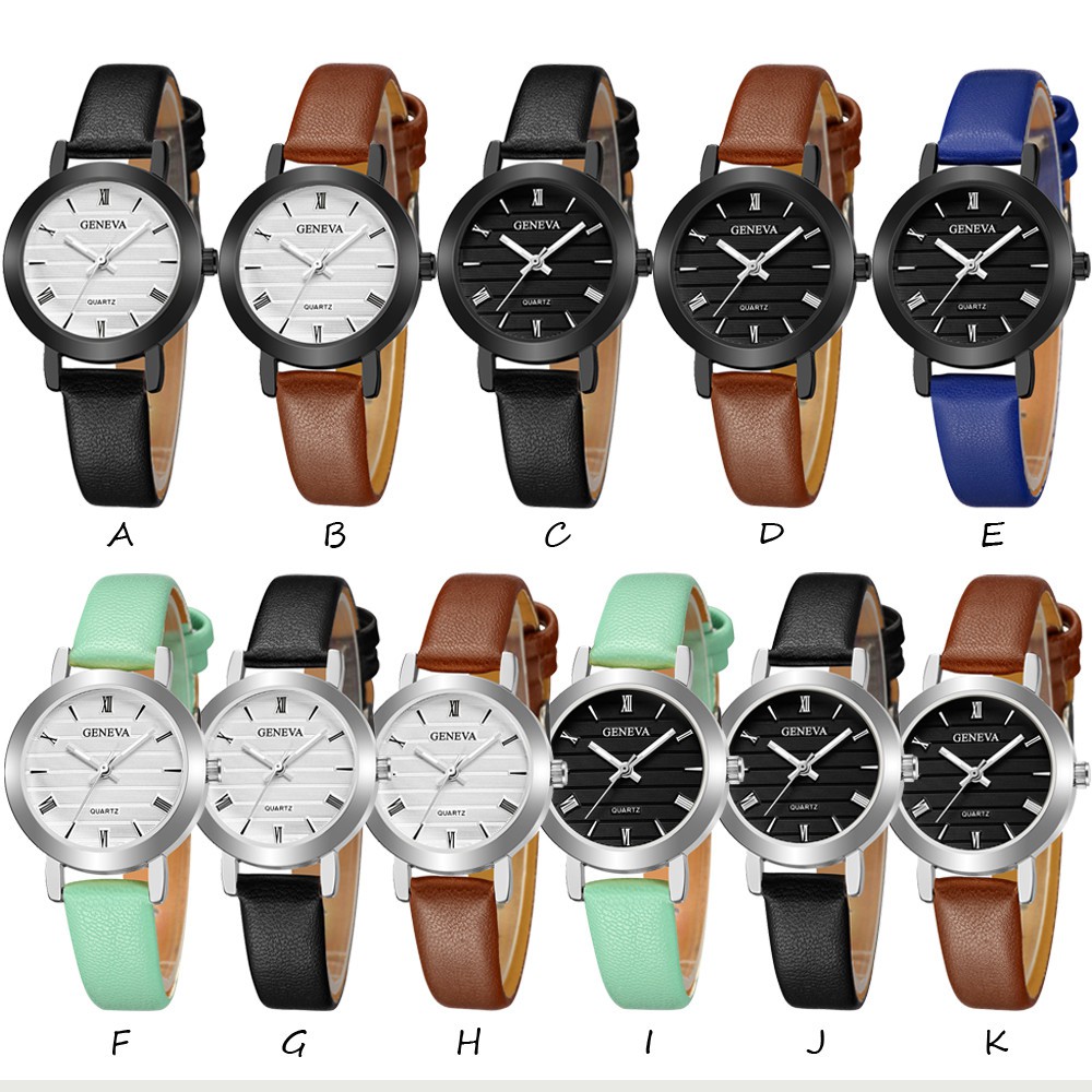 new fashion geneva women leather band stainless steel quartz analog wrist watch