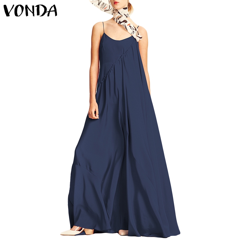 Vonda Women Loose Sleeveless Strap Vintage Maxi Dress