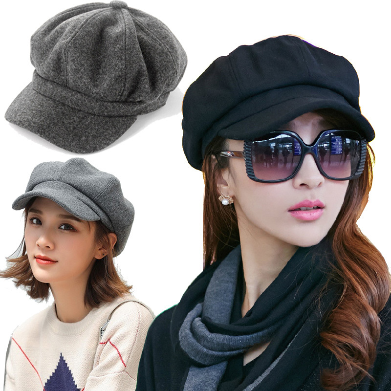 Girls Casual Beret Hats Solid Color Octagonal Blend Newsboy Beanies