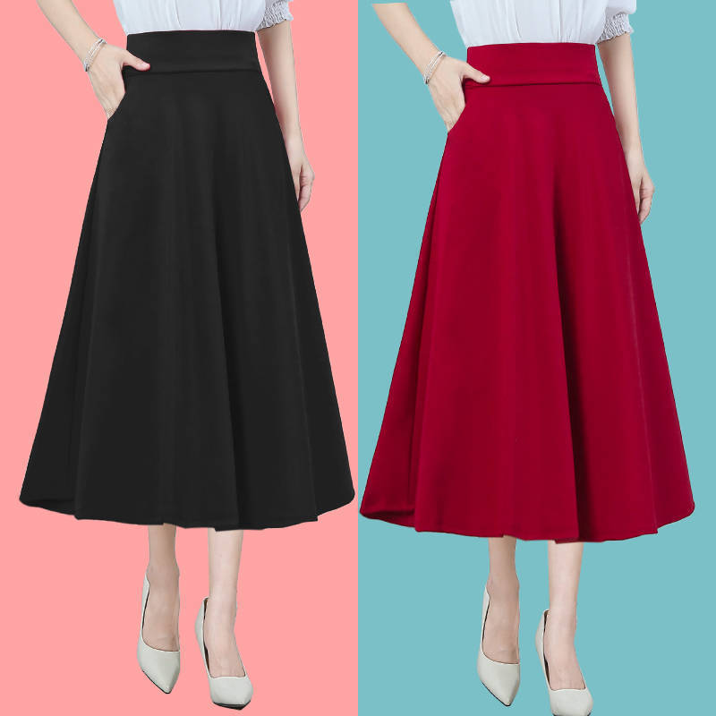 [Ships From Selangor]new long skirt women's A-line skirt large high waist skirt medium length skirt Will not transmit light