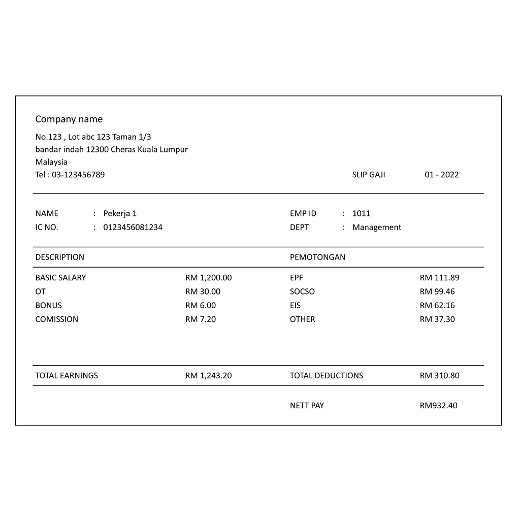 Payslip Penyata Gaji Contoh Slip Gaji Malaysia E Penyata Gaji Slip