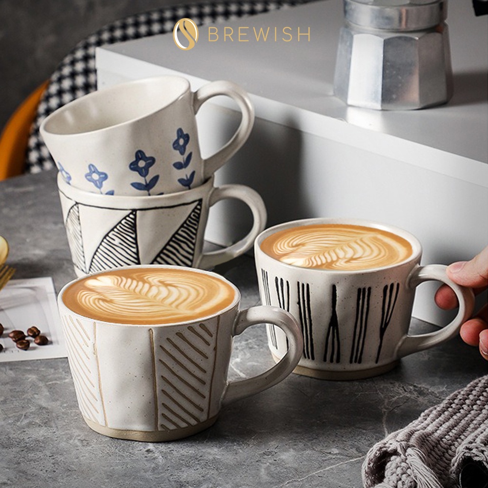 BREWISH Barista 300mL Retro Nordic Ceramic Cup Flower Geometry Hand-painted Ceramic Coffee Mug Cawan Seramik 陶瓷杯水杯
