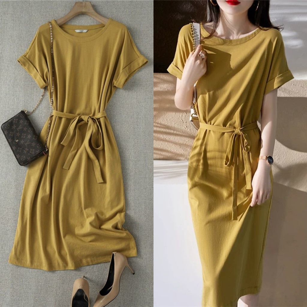 Plus Size Japanese Fat MM Plain Fashion Loose Short Sleeve T Shirt Dress Women Large Size High Waist A Line Midi Dresses