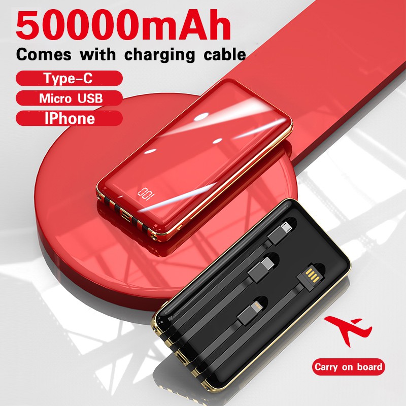 50000mAh Power Bank 4 Cables Full Capacity Mini Powerbank Portable Fast