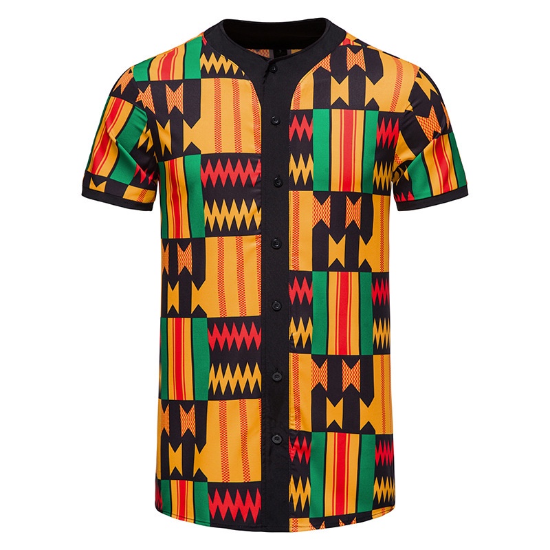 Mens African Dashiki Print Button Down Shirts Summer Short Sleeve Baseball Jersey Men Hip Hop Streetwear African Clothes Men XXL