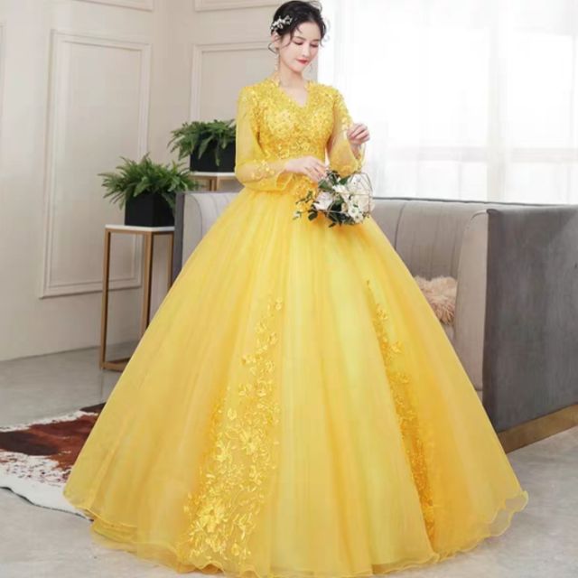 G29 Po Long Sleeve Yellow Wedding Gown Dress S 4xl Baju Gaun Pengantin Kuning