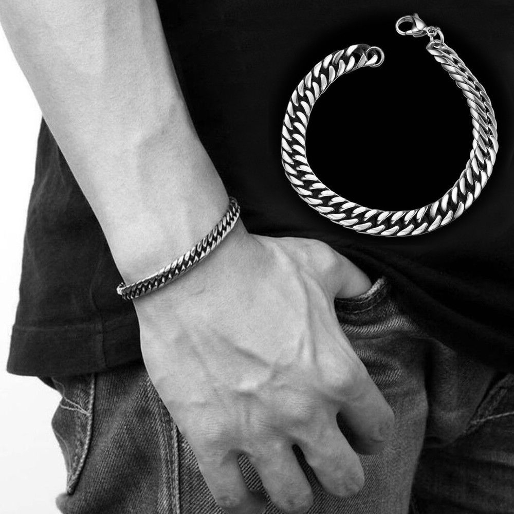 Mens Punk Silver Titanium Steel Chain Link Wristband Bangle Trendy Bracelet ONE 