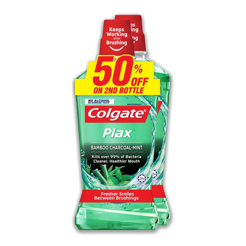 Colgate Plax Bamboo Charcoal Mint Mouthwash Eliminates 99.9% Bacteria (750ml x 2)