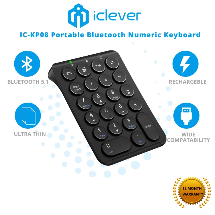 iClever IC-KP08 Numeric Keypad, Bluetooth Pantagraph with Tab Keys, Durable, Thin, Rechargeable for Laptop, Desktop, PC