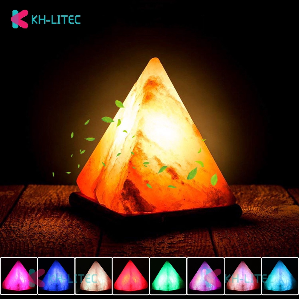 KHLITEC Triangle USB Salt Lamp Hand Carved Purifier Night Light Wooden Base Himalayan Colorful Natural Crystal Rock Lamp Light