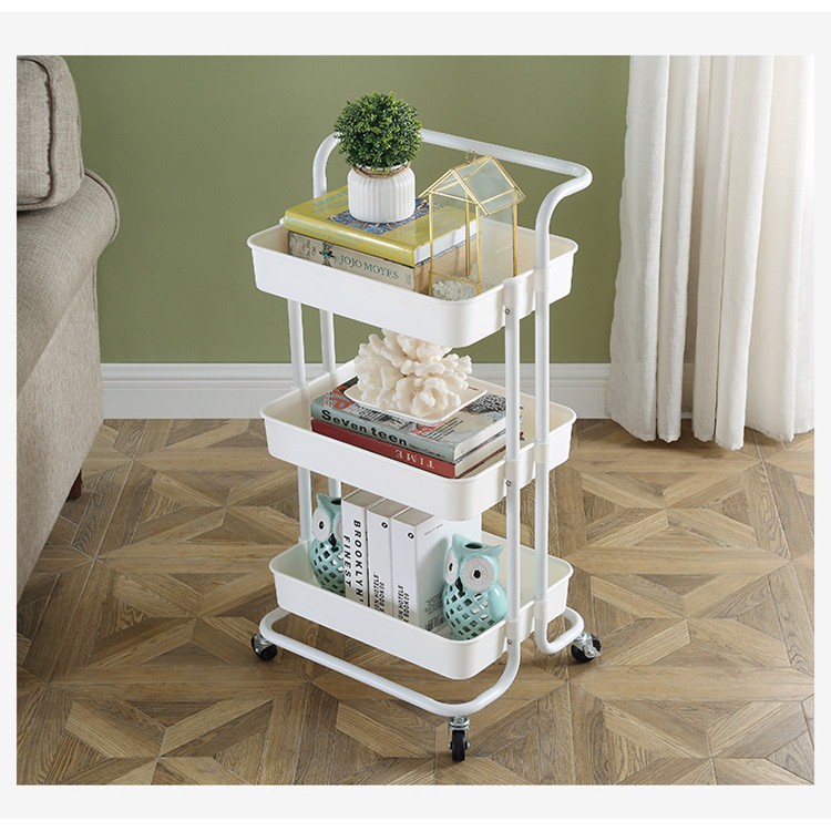 3 Tier Trolley Rack With Wheels Metal Frame Plastic Tray Storage