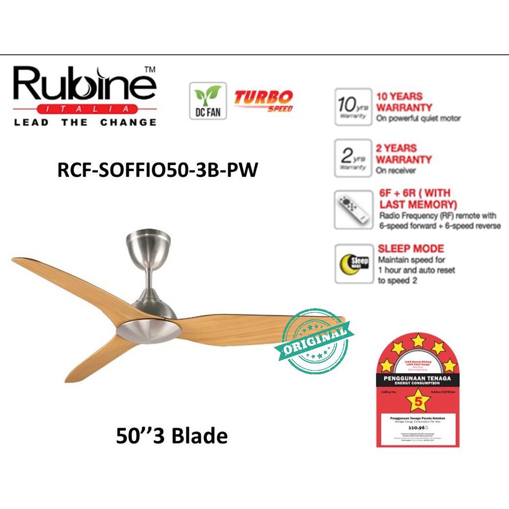Rubine Rcf Soffio50 Pw 50 Inverter Dc Motor Ceiling Fan Remote
