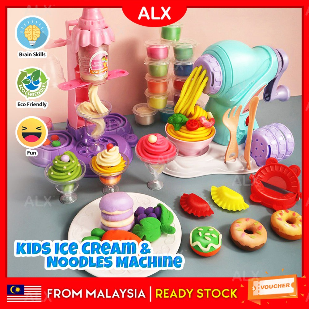 ALX CLEAR STOCK Play Doh Ice Cream Maker Toys Noodles Toy Machine Pretend Play Set Kids Mold Play Kit Plasticine Clay