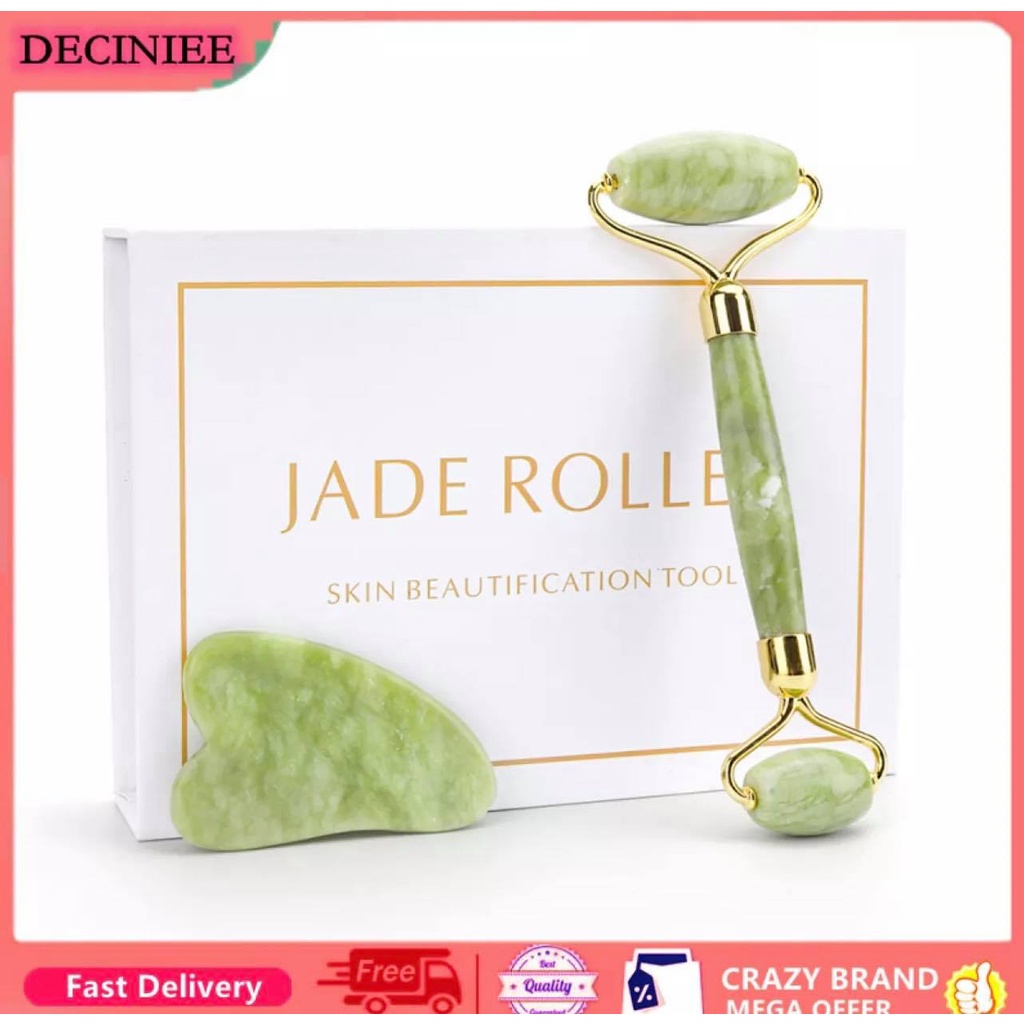 100% Authentic Natural green Quartz Roller Face Massage Gua Sha and Jade Roller Set Lifting Firming Skin