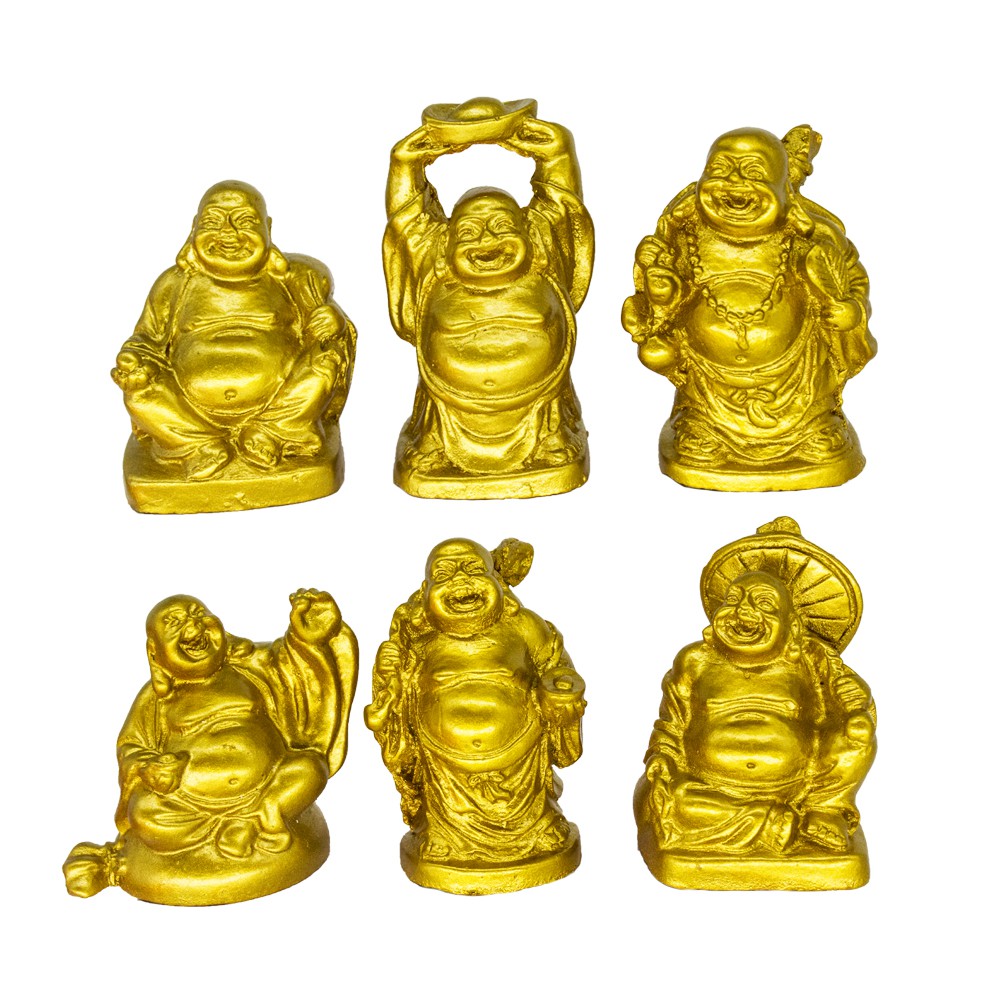 2'' Happy Laughing Lucky Buddha Statues 6 Figurines Set Resin Gold Fengshui