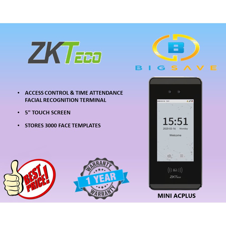 ZKTECO MINIACPLUS ACCESS CONTROL AND TIME ATTENDANCE FACIAL RECOGNITION TERMINAL