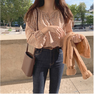 korean style women ladies floral  print long sleeve loose 