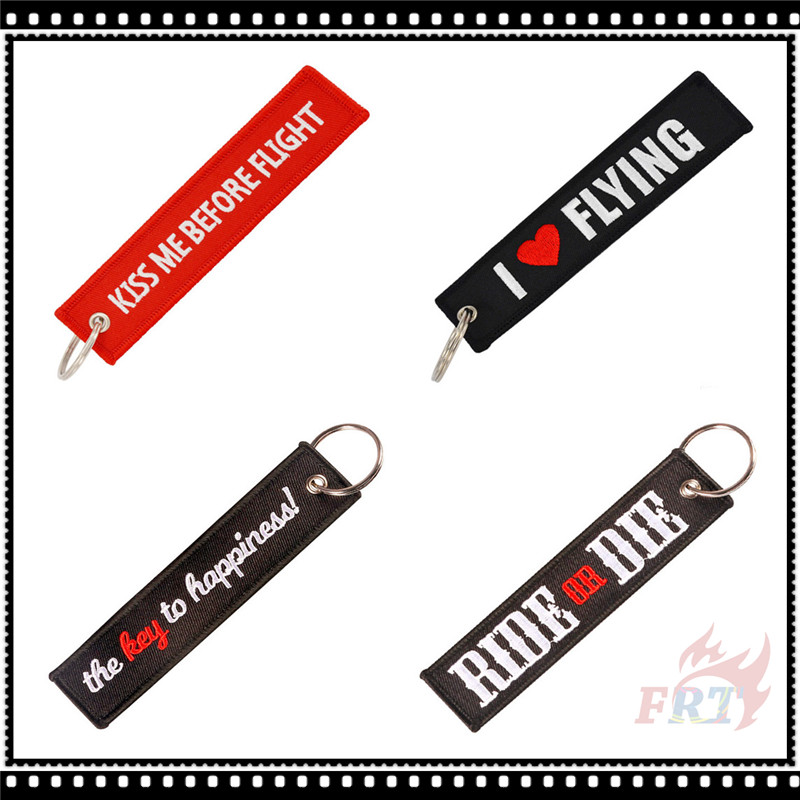 ✪ "Ride Or Die / The Key To Happiness / I Love Flying / Kiss Me Before Flight" Hiphop Rock Message Tags Embroidery Keychain ✪ 1Pc 13CM*2.8CM Fashion Letter Embroidery KeyRings Pendant Gifts Keychains（4 Styles）