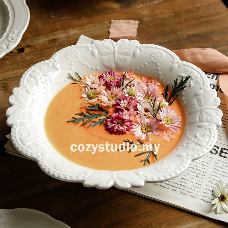 INS Retro French Classic Lace Butterfly Embroidery Texture White Ceramic Soup Bowl Cafe Blogger Photo Prop Instagram Luxury Lifestyle Modern Small and Large Bowl Spaghetti Italian Cuisine Fine Semi Dining Ramen Unique Gift Kitchen Household Dinnerware