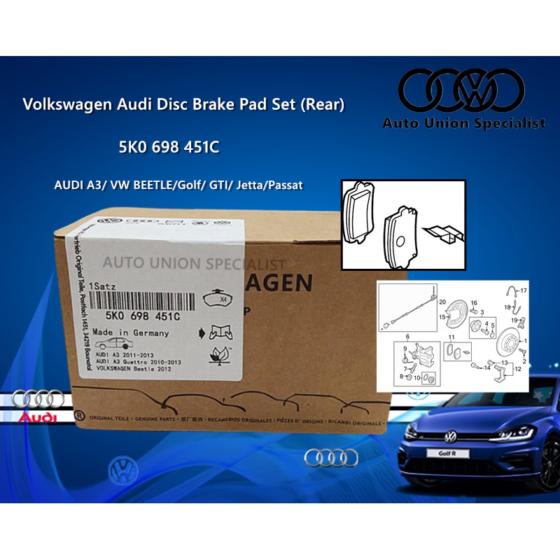 VW Audi Volkswagen Brake Pad Set (Rear) 5K0 698 451C/5K0698451C Audi A3 VW Beetle Golf GTI Jetta Passat SportWagen